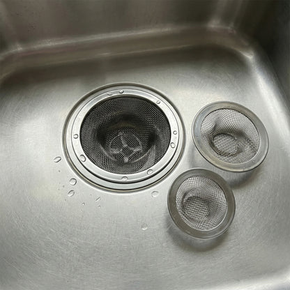 Wukusy stainless steel sink drain strainer set with three round mesh filters for kitchen sink drainage.