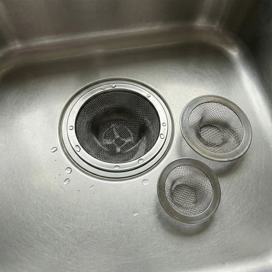 Wukusy stainless steel sink drain strainer set with three round mesh filters for kitchen sink drainage.