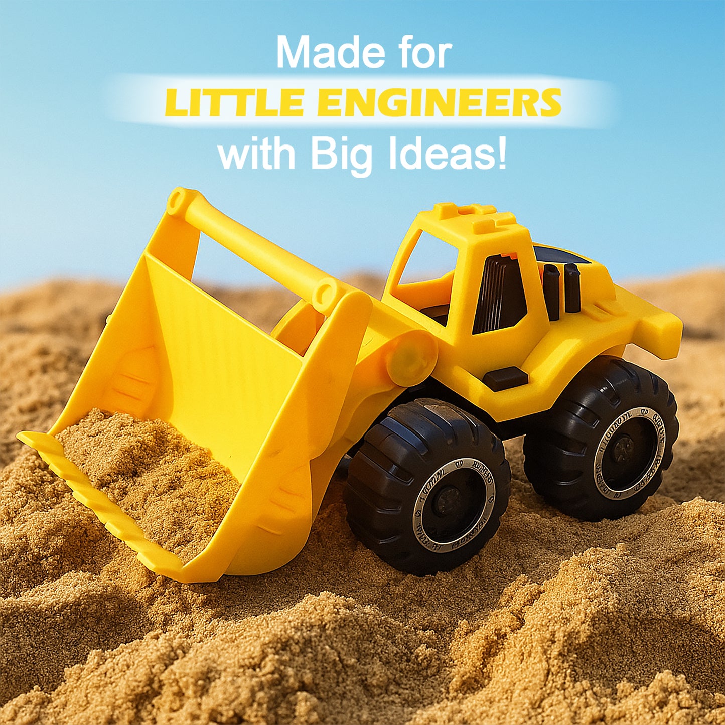 Wukusy Funwoods friction-powered front loader bulldozer toy with realistic details and bright colors, designed for children’s play.