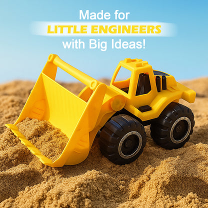 Wukusy Funwoods friction-powered front loader bulldozer toy with realistic details and bright colors, designed for children’s play.
