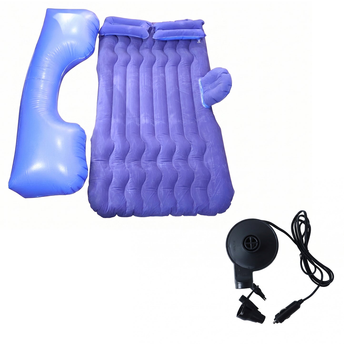 Dark blue Wukusy portable car air mattress bed set with pump and pillows, inflated and ready for use in a vehicle.