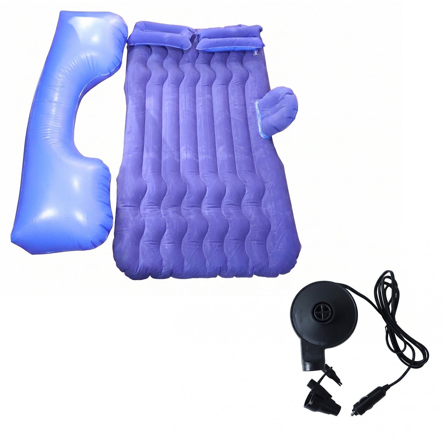 Dark blue Wukusy portable car air mattress bed set with pump and pillows, inflated and ready for use in a vehicle.