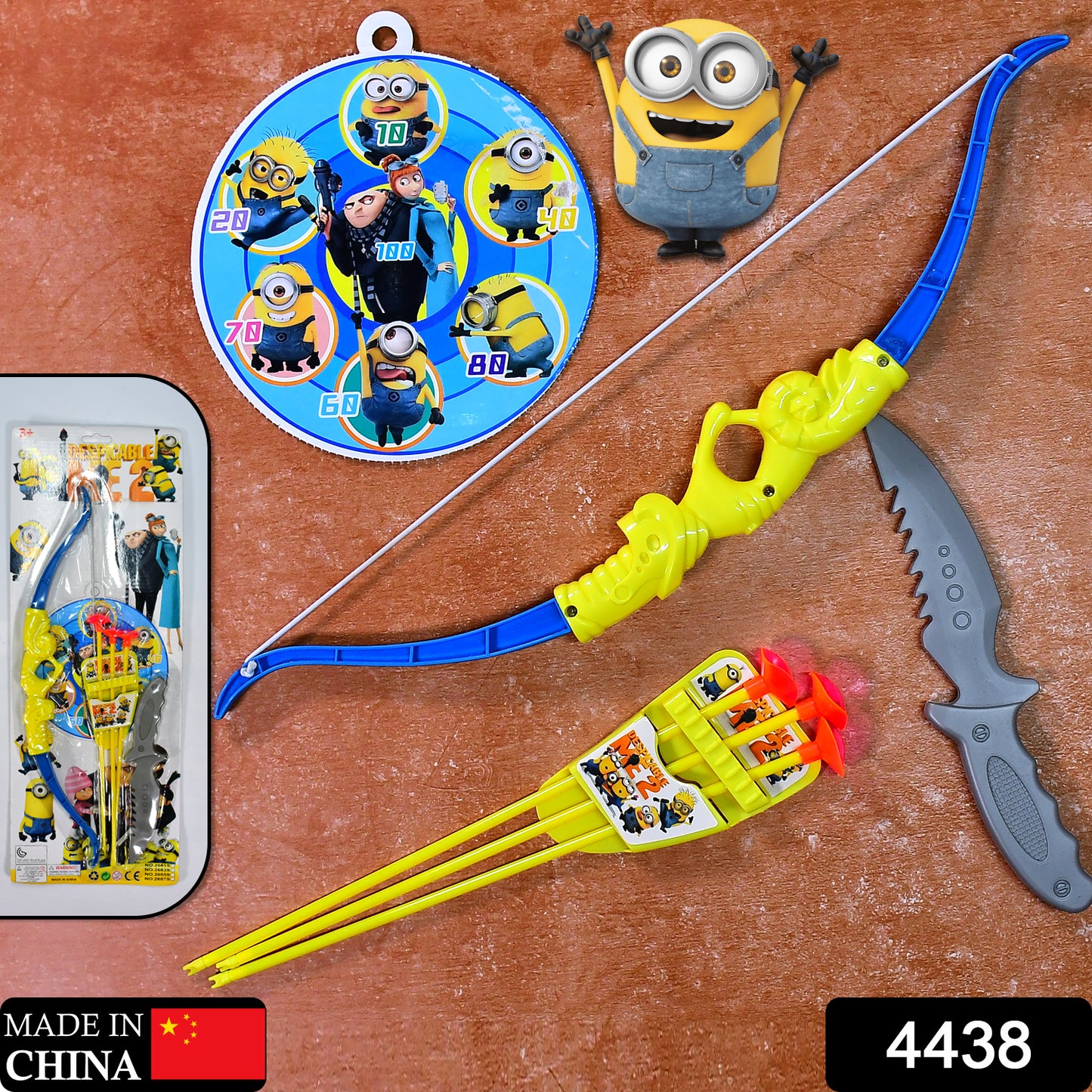 Wukusy plastic archery toy set with bow, 3 arrows, target board, and a single plastic knife for kids' outdoor play.