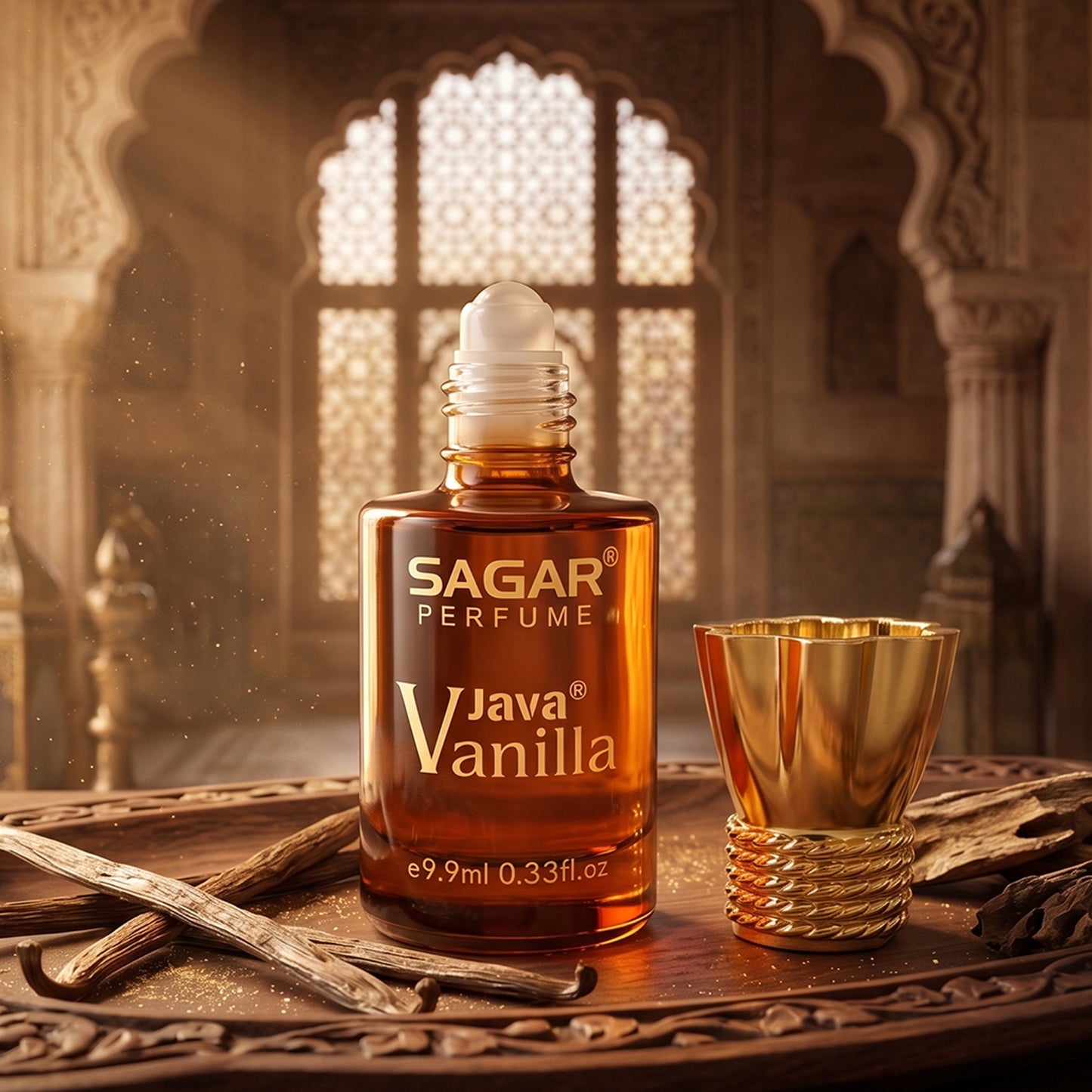 Wukusy Sagar Java Vanilla roll-on perfume oil in a 9.9 ml bottle, alcohol-free fragrance for men and women, with vanilla scent.