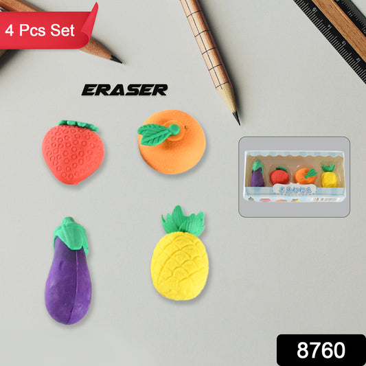 Colorful Wukusy 4-pack mini vegetable and fruit erasers set for kids, featuring 3D design, perfect for school and party favors.