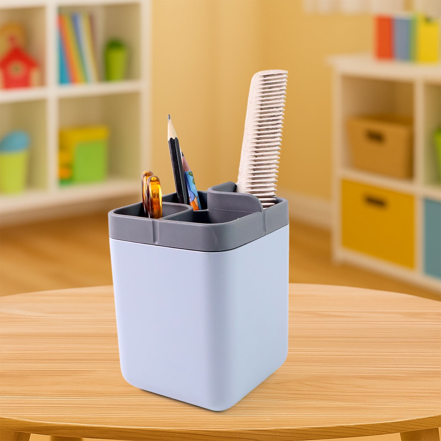 Wukusy multi-compartment desk organizer utility holder with several slots for pens, paper, and office supplies on a wooden desk.