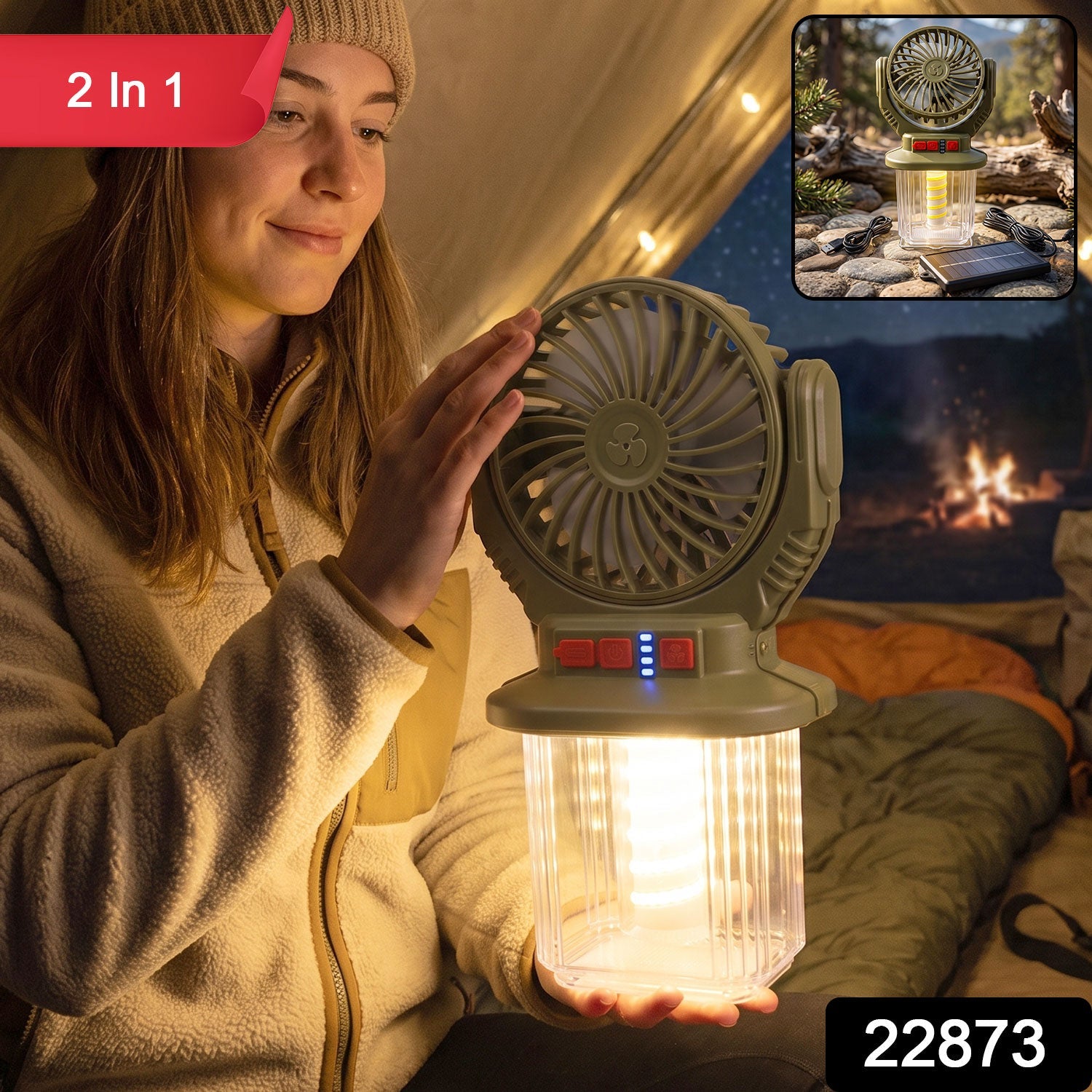Wukusy 2-in-1 solar rechargeable camping fan with LED lantern light, portable outdoor fan for camping, hiking, or outdoor activities.