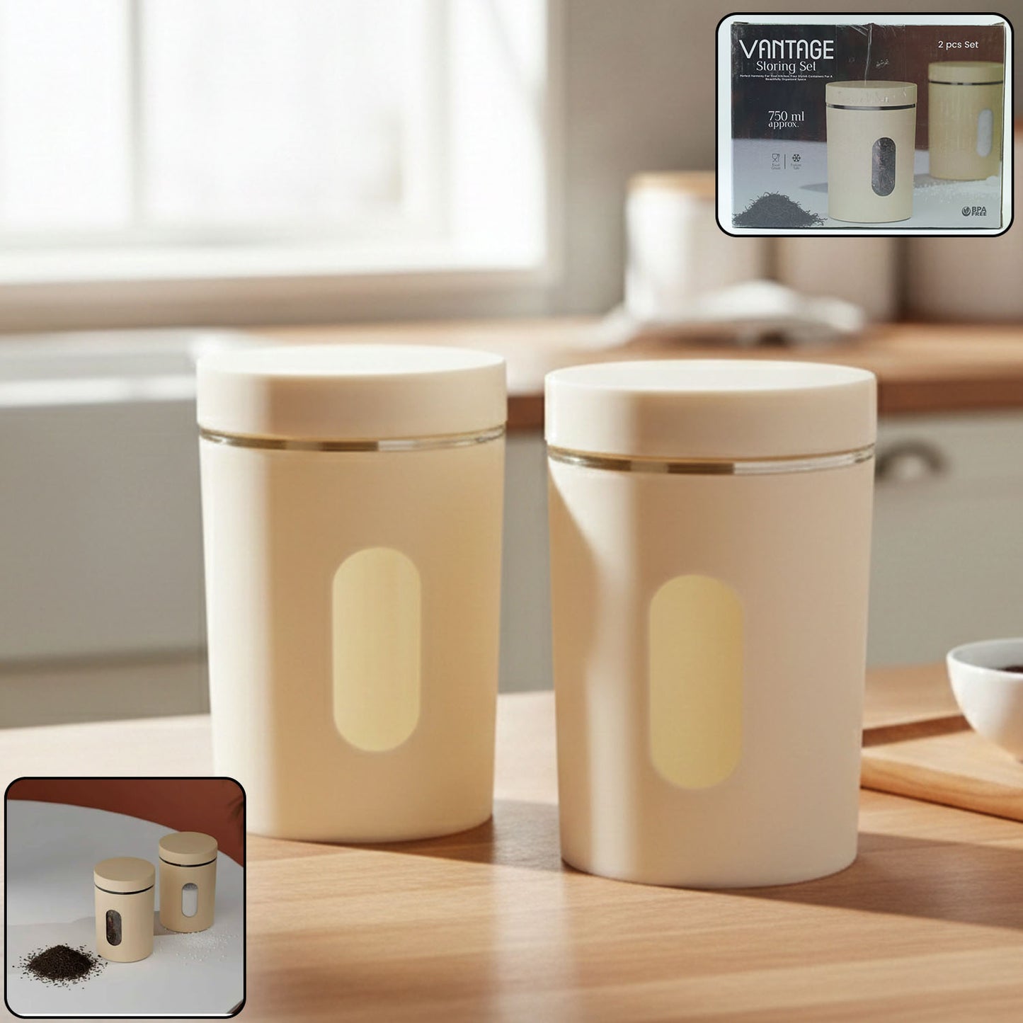 Wukusy premium kitchen storage container set with two 750ml clear plastic jars for pantry organization and freshness.