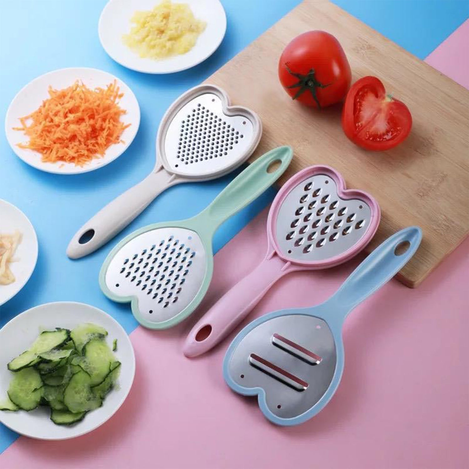Wukusy Heart Grater Set and Slicer for grating and slicing fruits, vegetables, cheese, ideal for kitchen use.