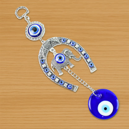 Decorative evil eye wind chime with elephant and horseshoe motifs, featuring colorful beads and hanging design by Wukusy.