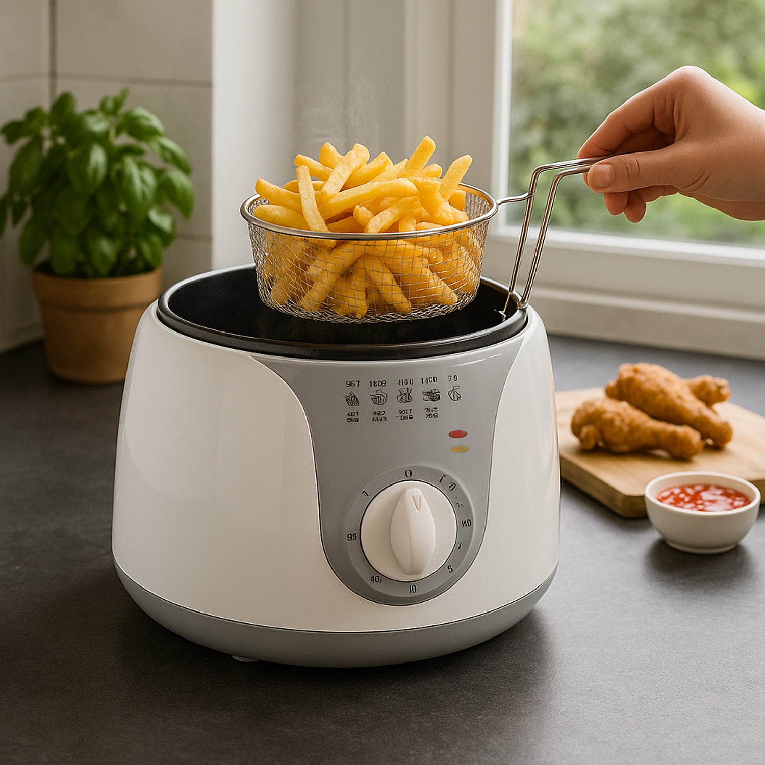 Wukusy Orbit adjustable electric deep fryer with 1200W power, black and stainless steel, countertop kitchen appliance for frying.