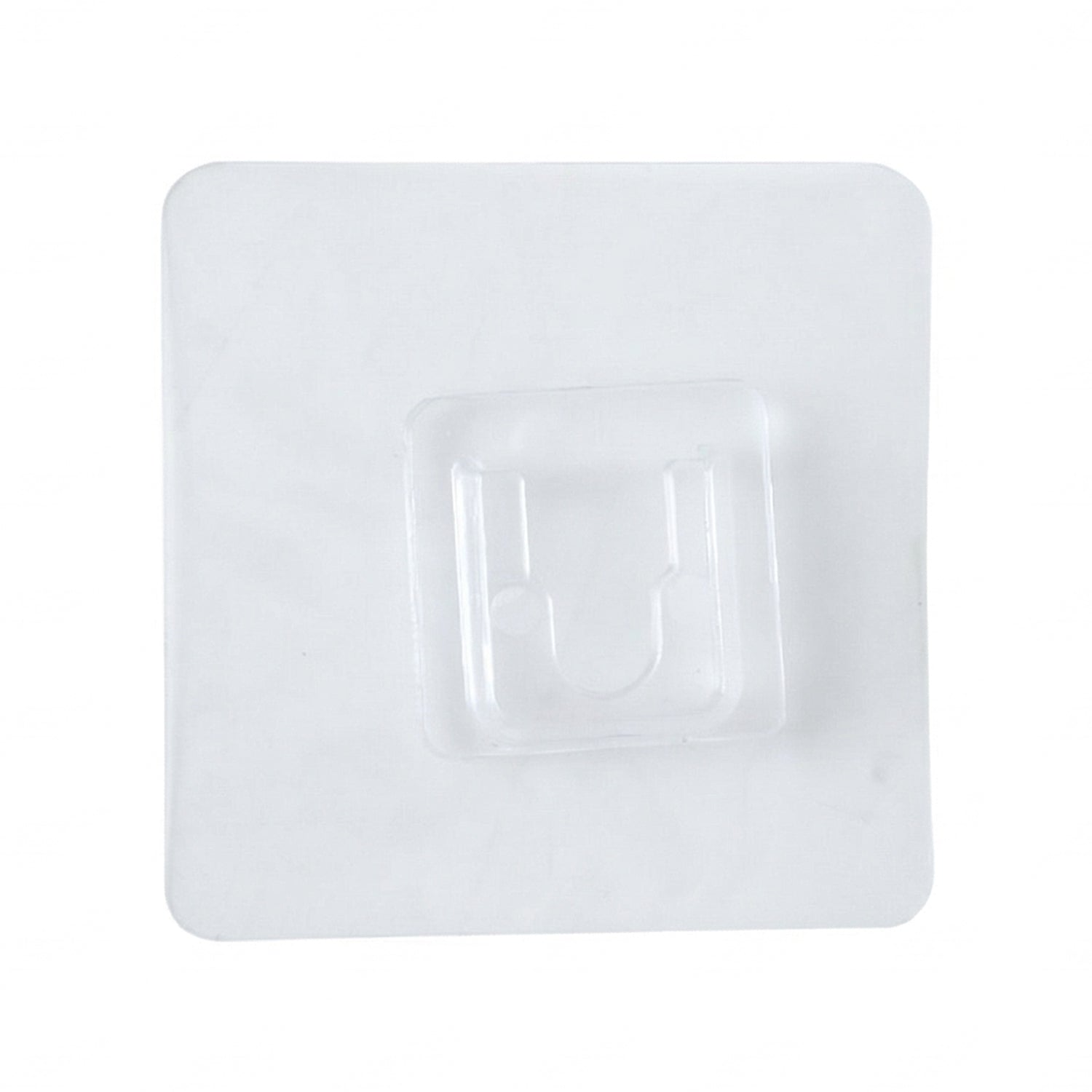 Clear self-adhesive wall hook by Wukusy attached to a wall, showing its transparent design and adhesive backing for easy hanging.