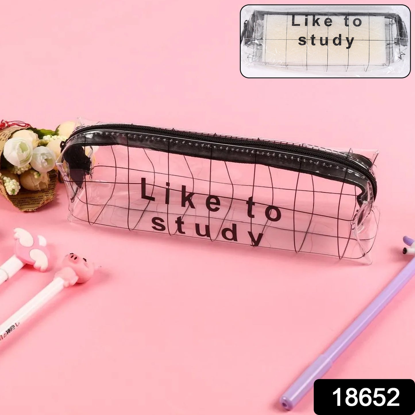 Clear plastic pencil pouch with zipper from Wukusy, suitable for office supplies and stationery storage.