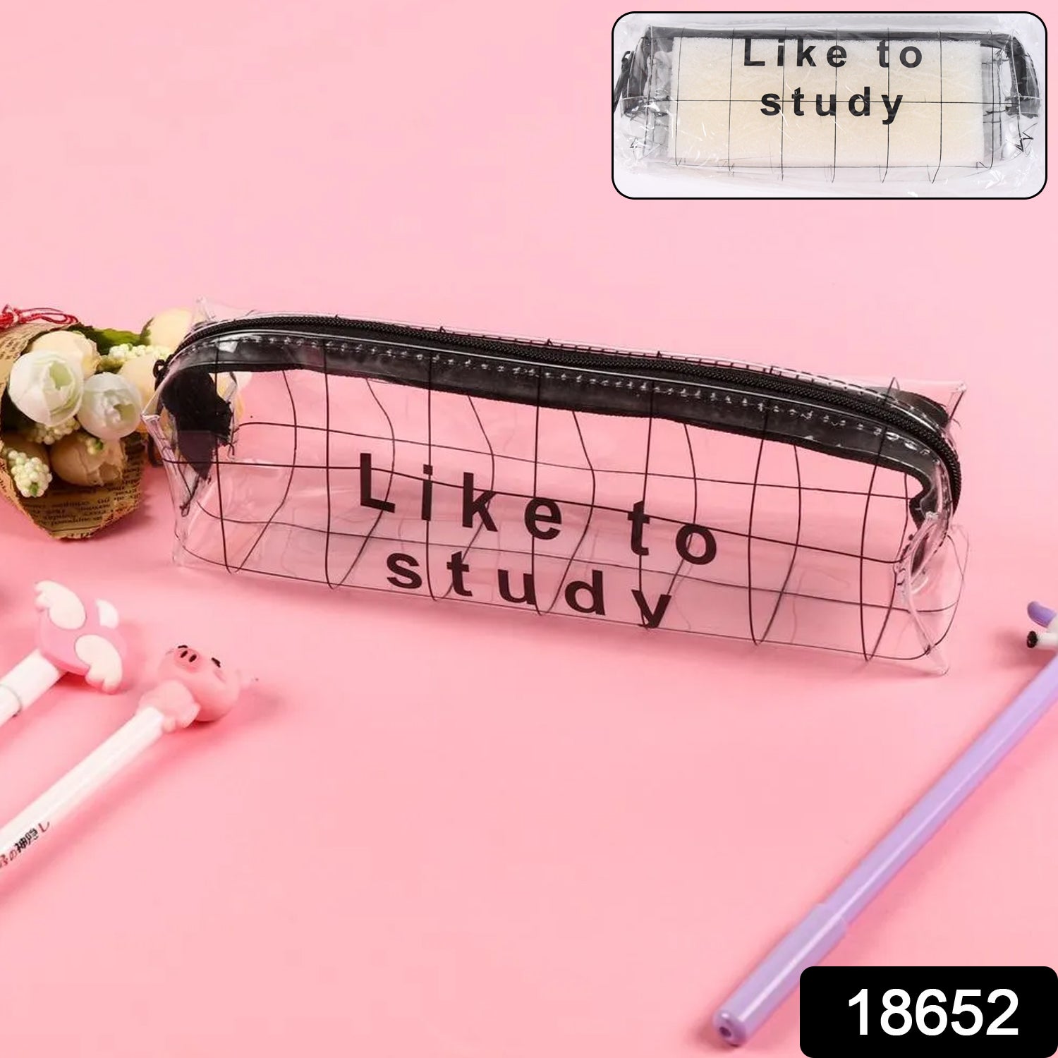 Clear plastic pencil pouch with zipper from Wukusy, suitable for office supplies and stationery storage.