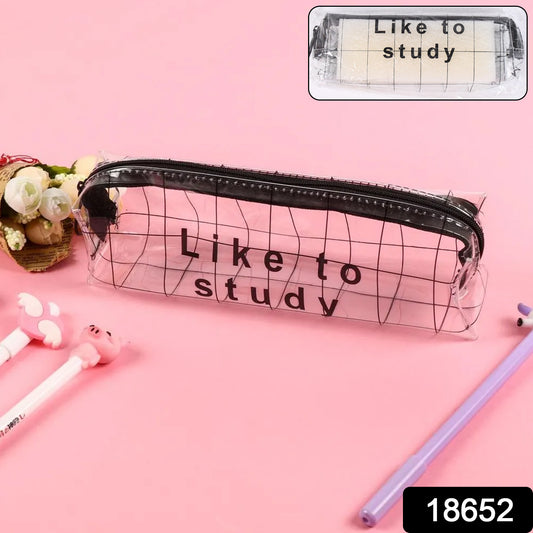 Clear plastic pencil pouch with zipper from Wukusy, suitable for office supplies and stationery storage.