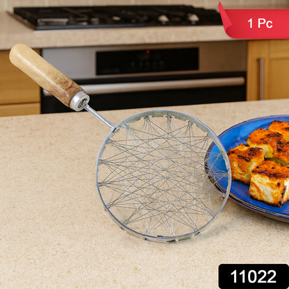 Wukusy stainless steel wire skimmer with wooden handle for kitchen use, perfect for scooping and draining foods during cooking.