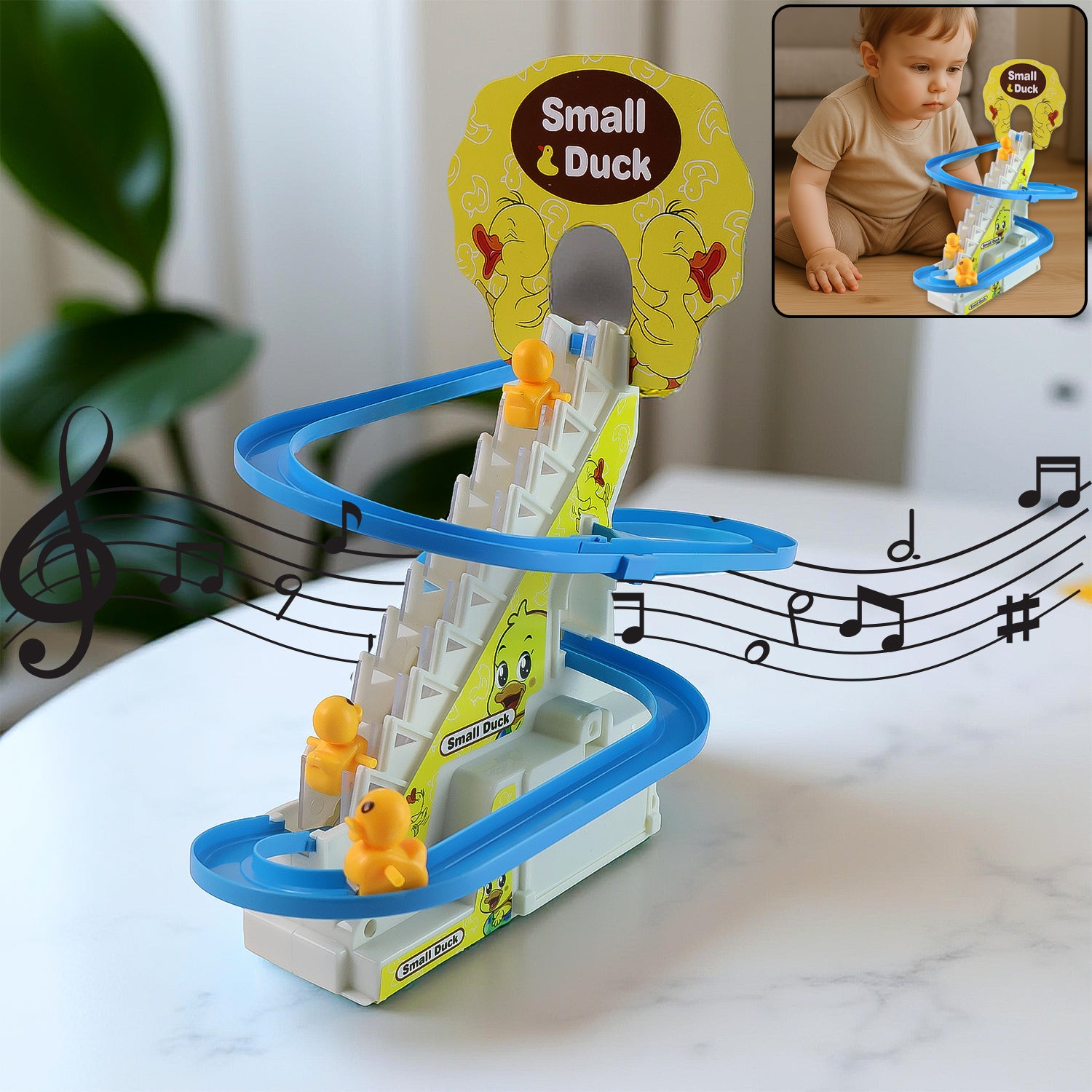 Wukusy Lala Small Duck Climb Stairs Toy Roller Coaster with flashing lights and music, featuring three colorful toy ducks.
