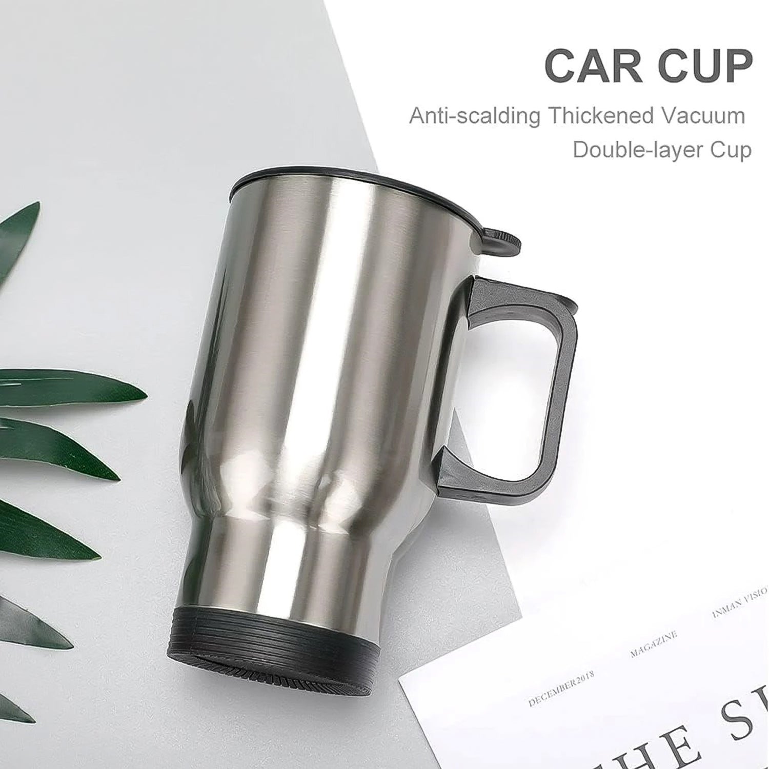 Wukusy stainless steel vacuum insulated glass coffee cup with lid and handle, showing a sleek design and double-wall construction