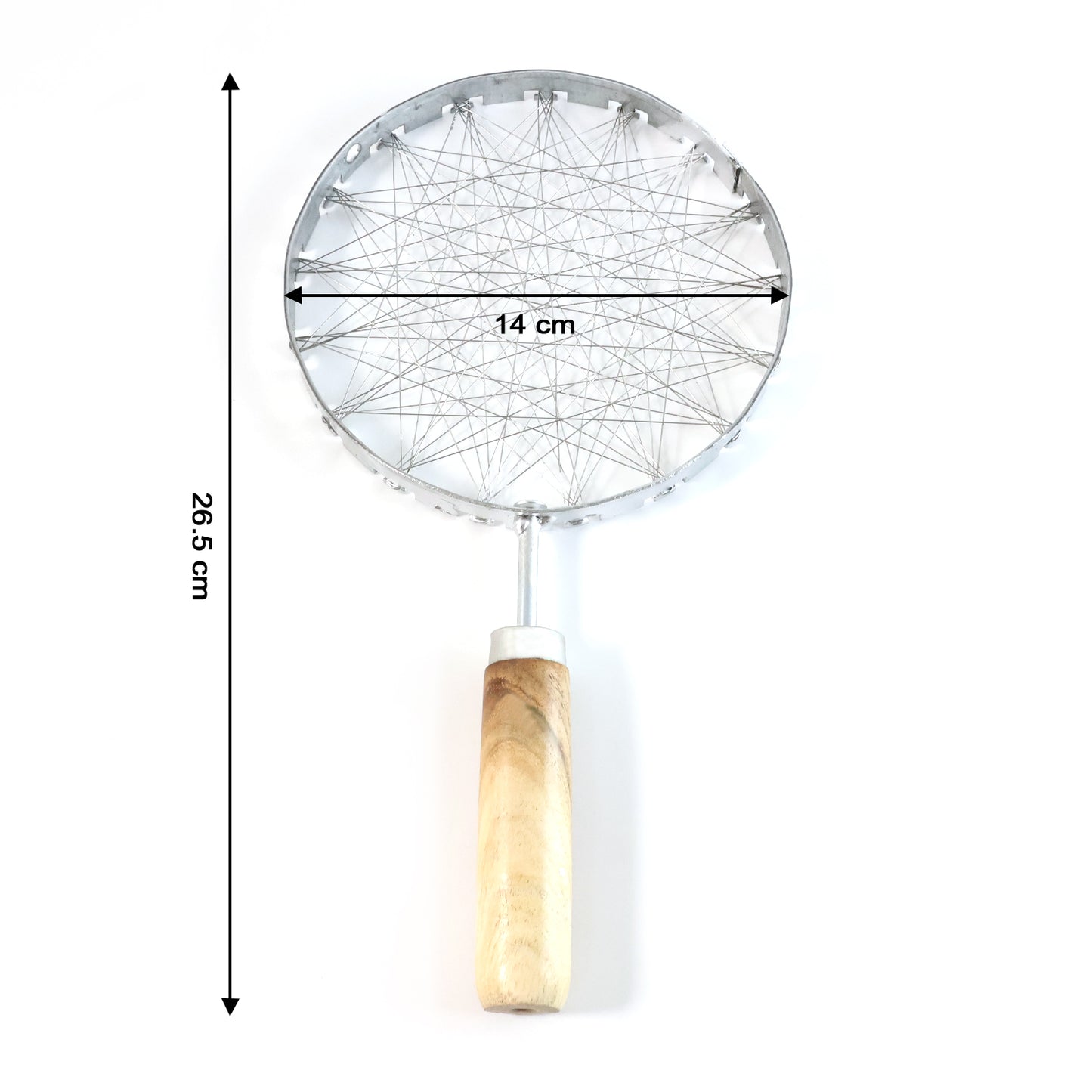 Stainless steel wire skimmer with wooden handle for home kitchen use, ideal for straining and serving fried foods.