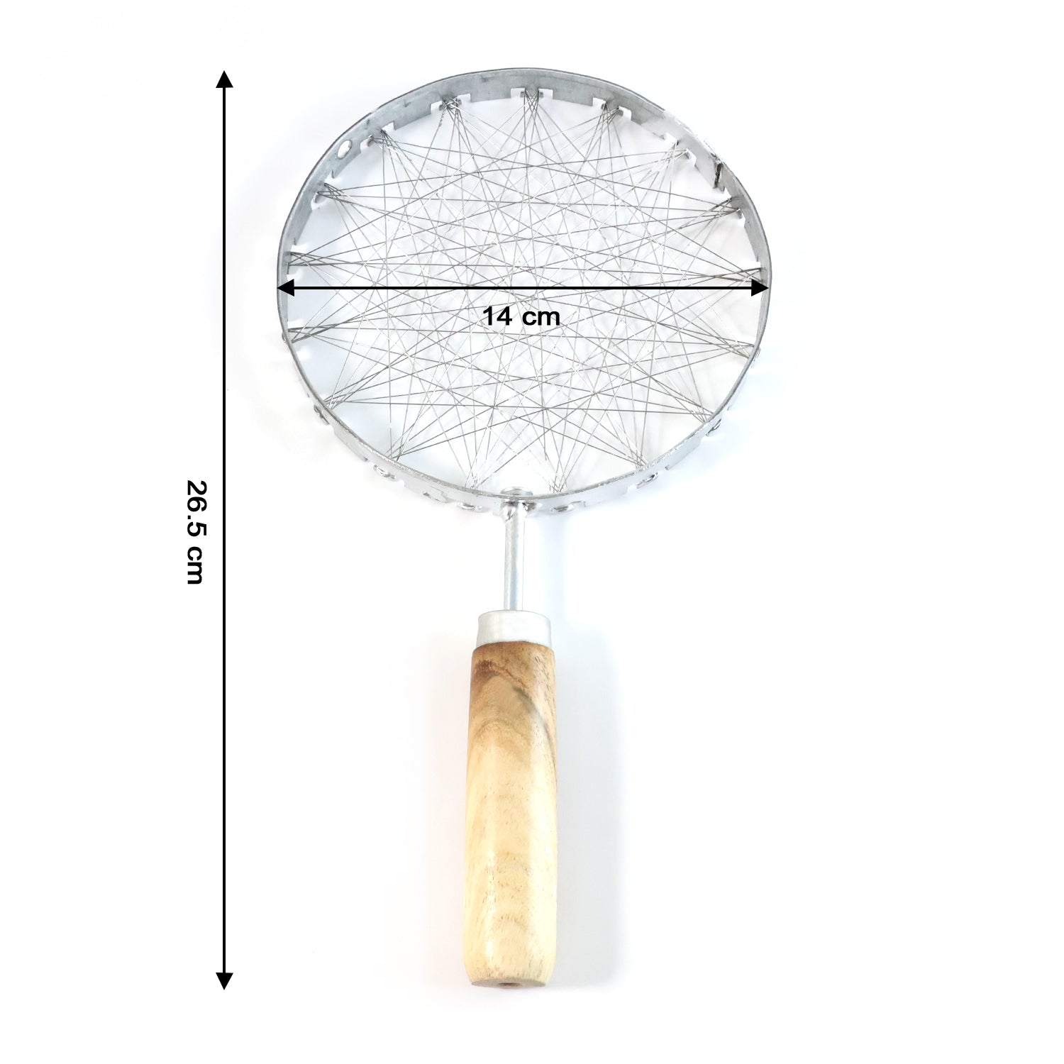 Stainless steel wire skimmer with wooden handle for home kitchen use, ideal for straining and serving fried foods.