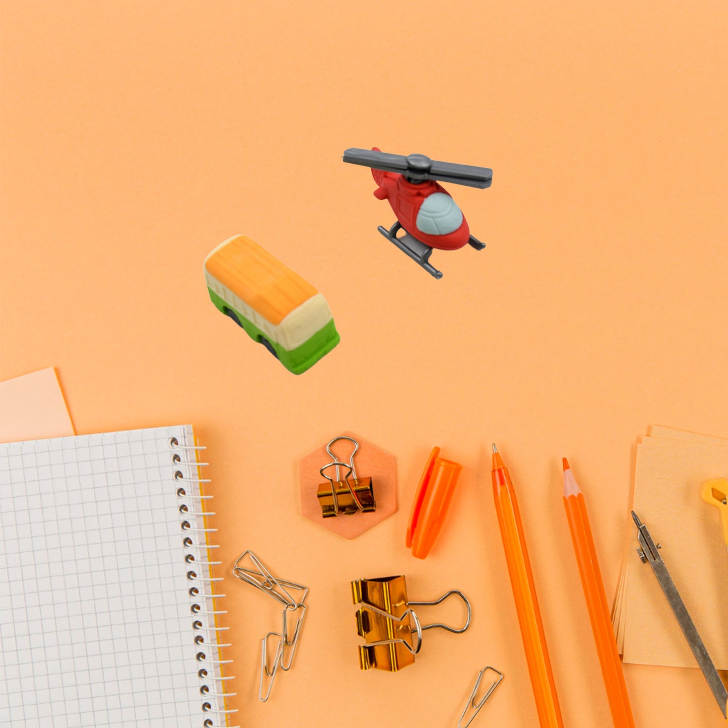 Set of four Wukusy vehicle pattern erasers, ideal for school stationery use, featuring colorful vehicle designs.