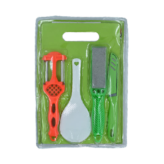 Wukusy 5508 plastic chopping board set with knife, scissors, and wine stainless steel bottle opener for kitchen and vegetable cutting.