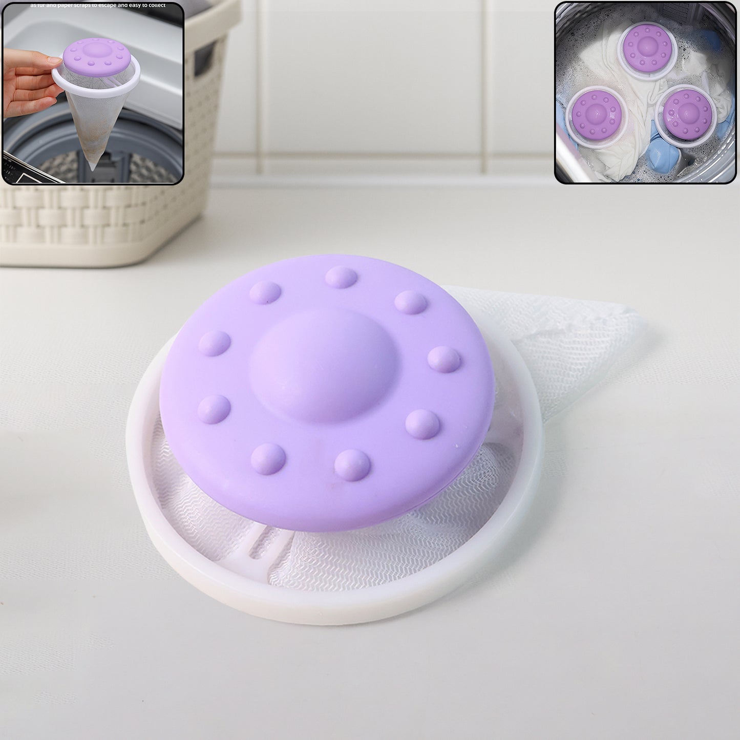 Wukusy floating washing machine lint mesh filter bag, home improvement, showing the mesh bag with reinforced edges for lint collection.