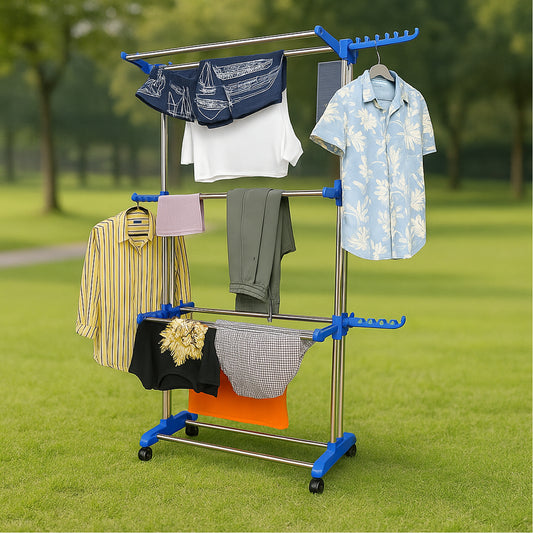 Foldable stainless steel clothes drying stand rack by Wukusy with multiple horizontal bars for drying laundry.