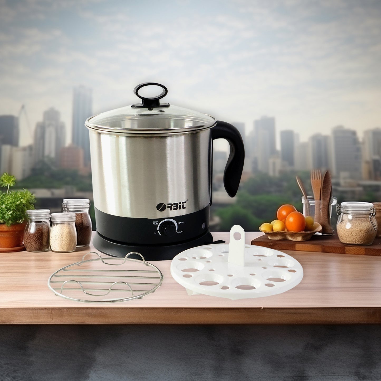 Wukusy Orbit electric idli cooker and steamer with 650W power, stainless steel trays, and digital controls for home kitchen use.