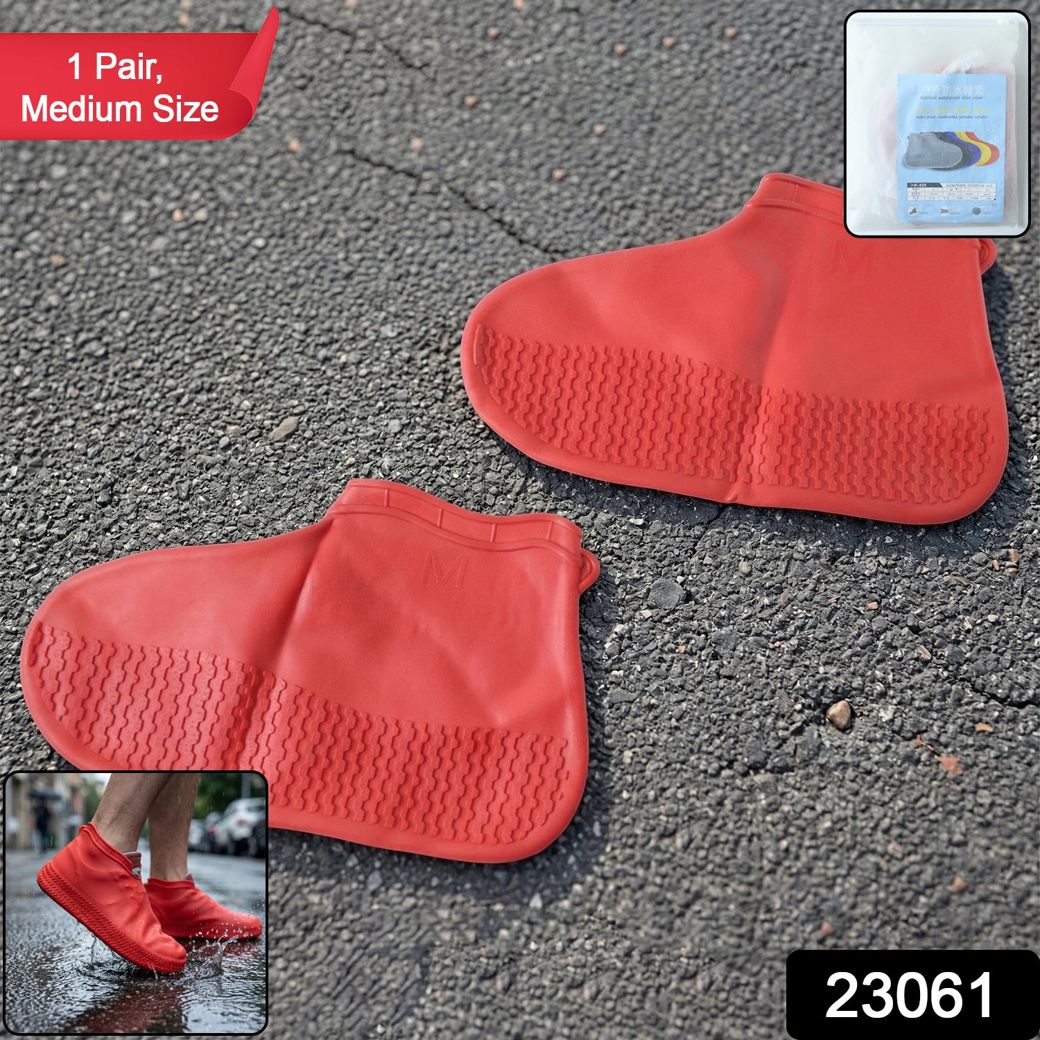 Pair of red waterproof silicone shoe covers in medium size by Wukusy, showing the flexible, protective material over shoes.