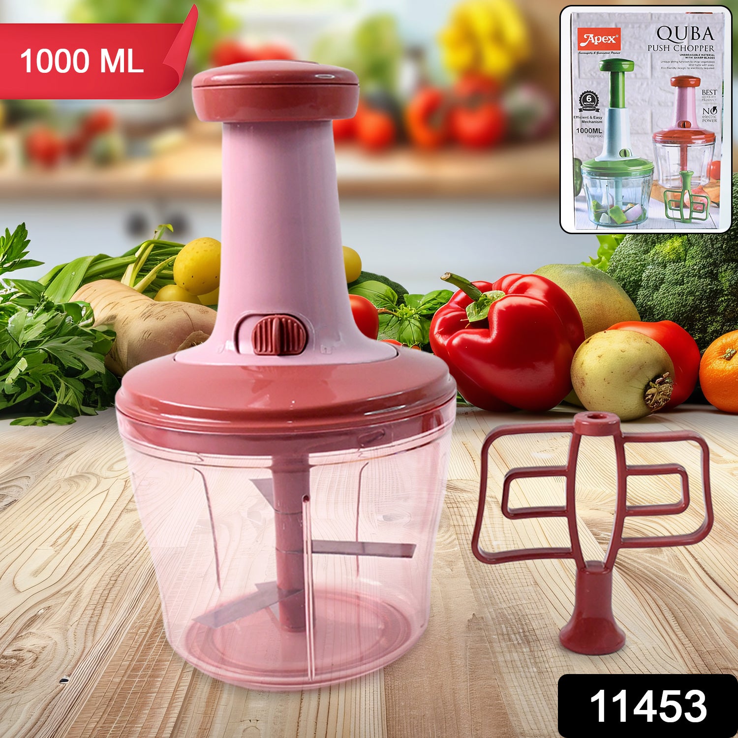 Wukusy Apex Quba Push Chopper with 1000ml capacity and stainless steel blades for efficient food chopping.