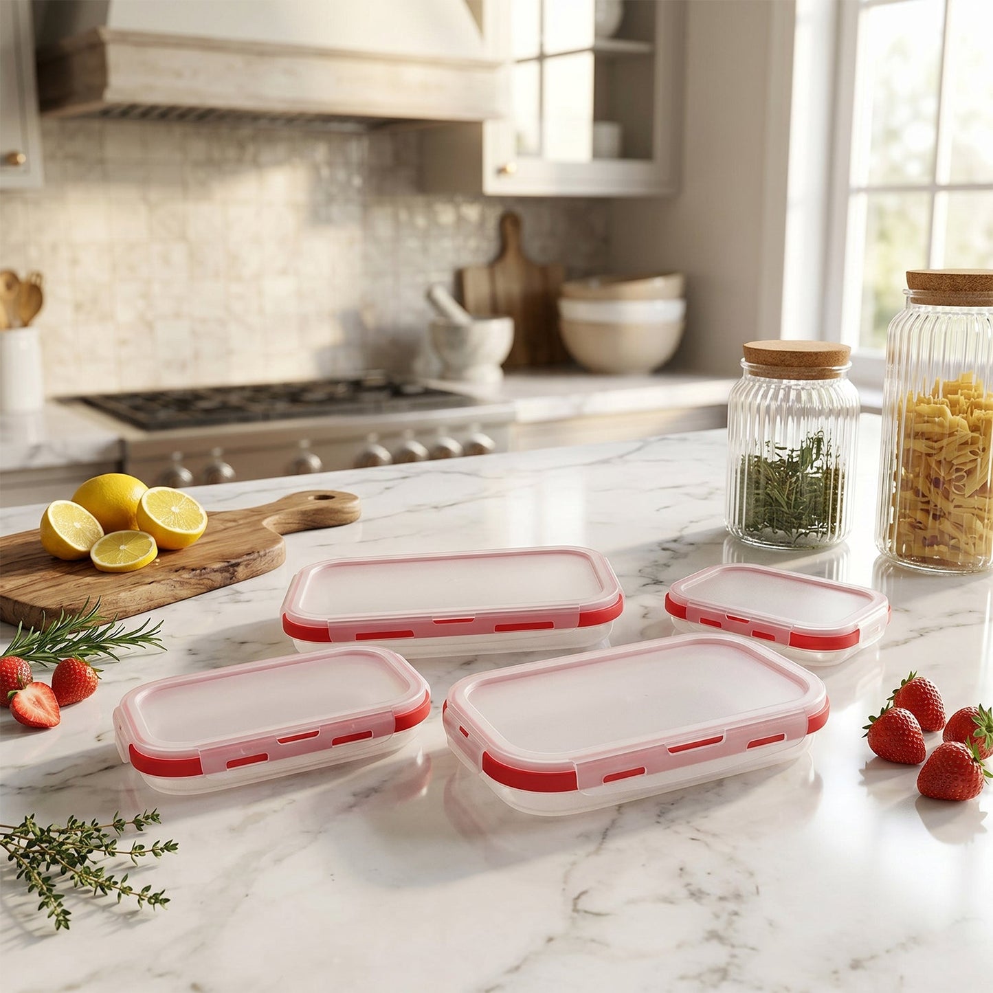 Wukusy collapsible food storage container set with four foldable, airtight lunch boxes for easy storage and transport.