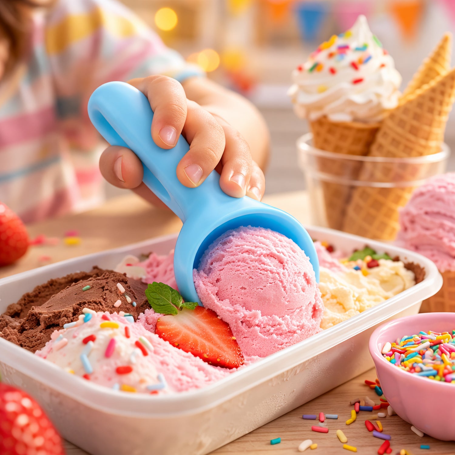 Wukusy plastic ice cream scoop set with four colorful scoops for serving ice cream and frozen treats.