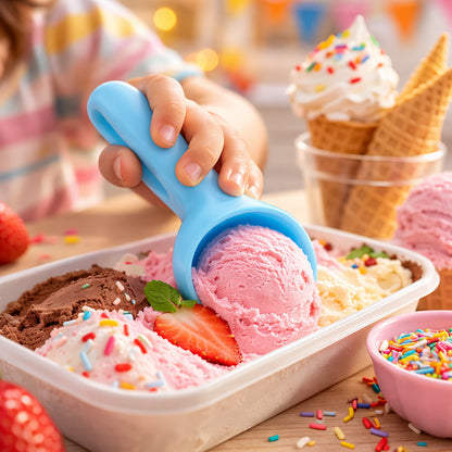 Wukusy plastic ice cream scoop set with four colorful scoops for serving ice cream and frozen treats.