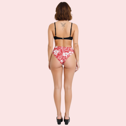 Red and white floral print high-cut thong bikini bottom by Snazzyway, featuring a sleek, minimal design with vibrant flower patterns.
