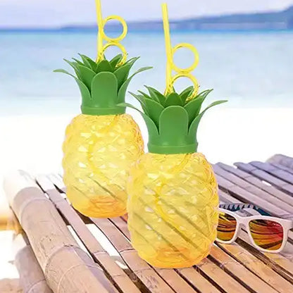 Wukusy plastic pineapple cup with straw, perfect for summer Hawaiian and beach party decorations, featuring a colorful pineapple design.