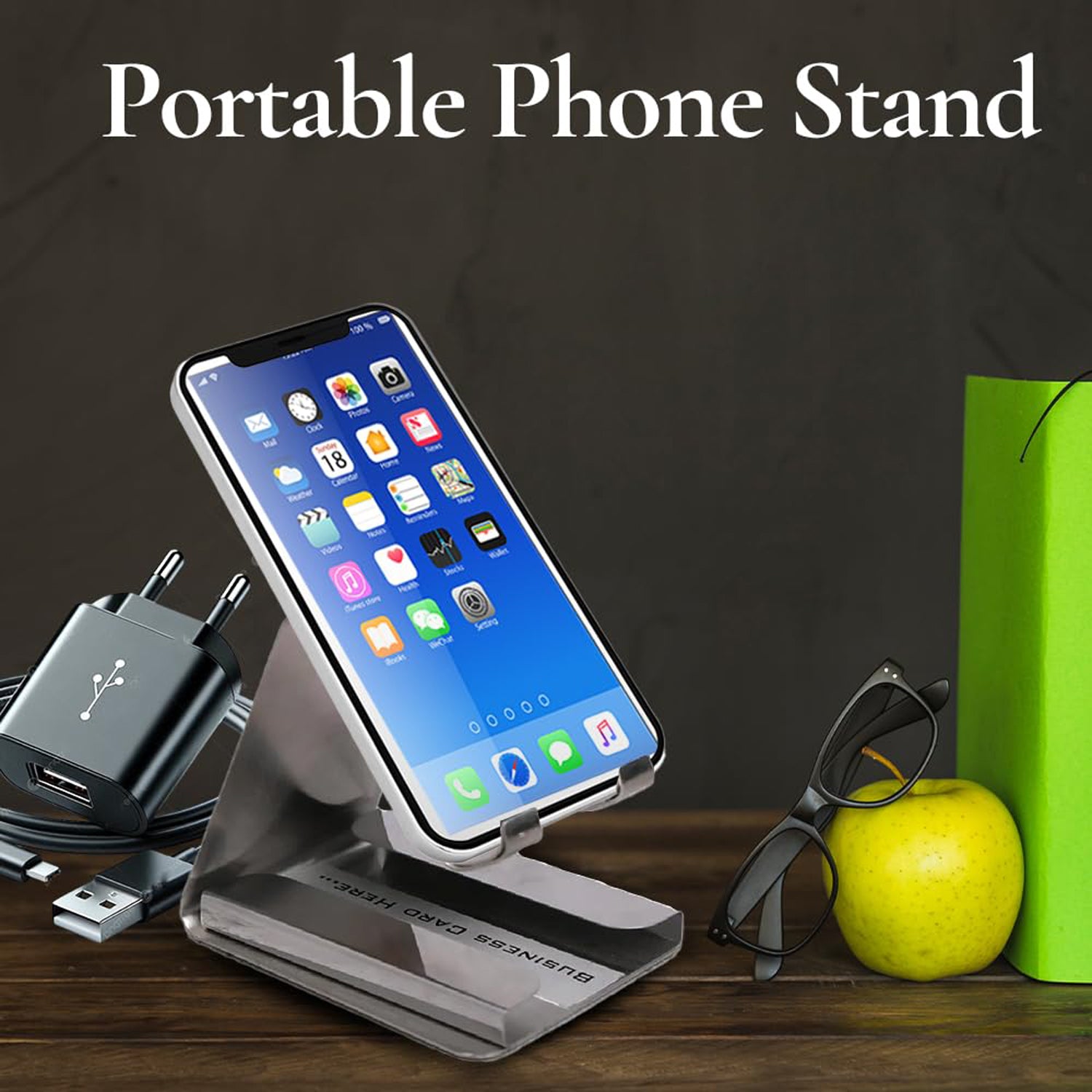Wukusy premium small desktop mobile phone stand holder for smartphones, shown holding a smartphone on a minimalist desk.