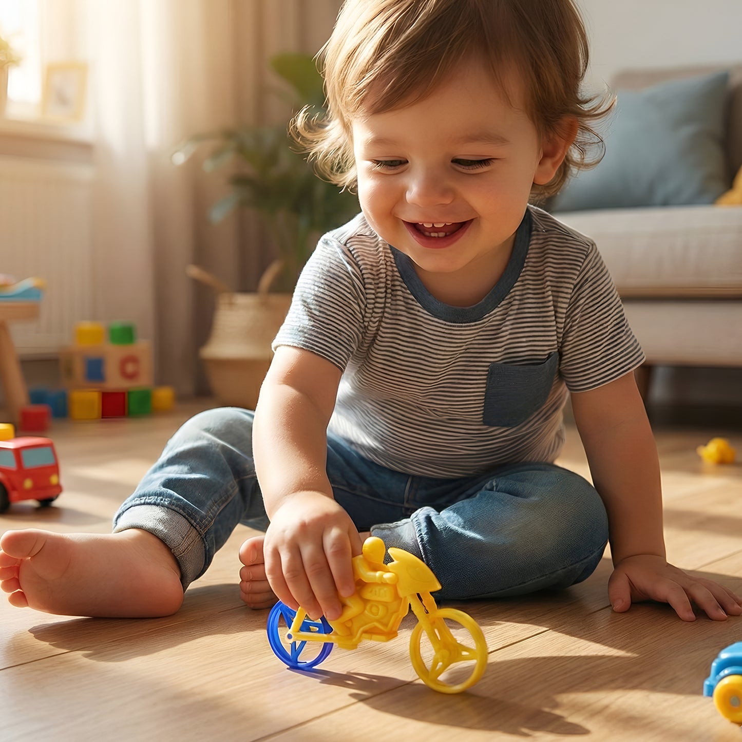 Kids toothbrush and bike toy set by Wukusy, featuring colorful toothbrush and small bike toy for children.