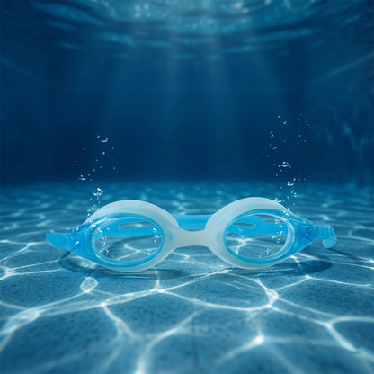 Children's waterproof swimming goggles by Wukusy with clear lenses, adjustable strap, designed for children’s swimming and aquatic activities.