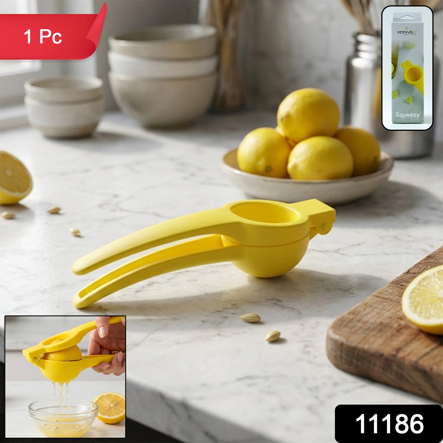 Wukusy Konvex Hand Press Plastic Lemon Squeezer shown with lemon half ready for juicing. Durable kitchen tool for fresh lemon juice extraction.