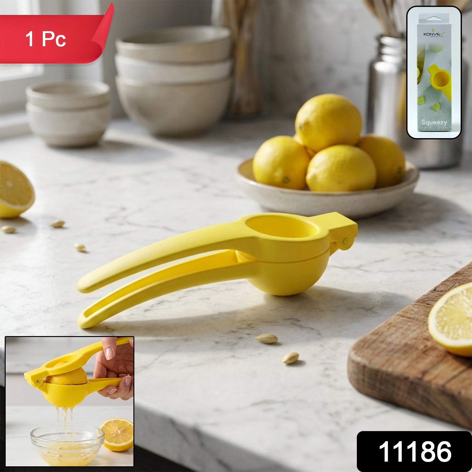 Wukusy Konvex Hand Press Plastic Lemon Squeezer shown with lemon half ready for juicing. Durable kitchen tool for fresh lemon juice extraction.