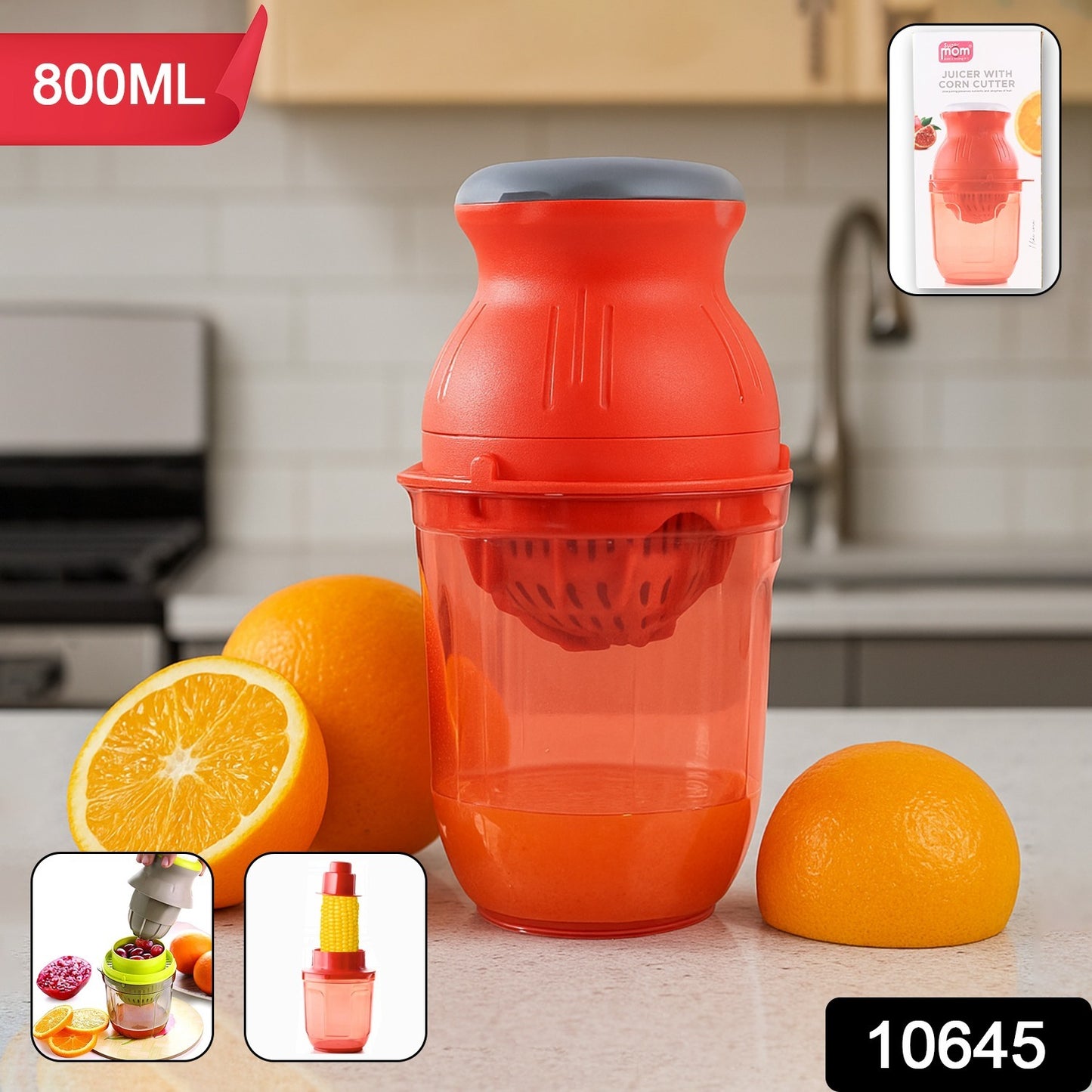 Wukusy Supermom Juicer with Corn Cutter, 800ml, in a modern kitchen, showcasing the juicer’s compact design and stainless steel components.