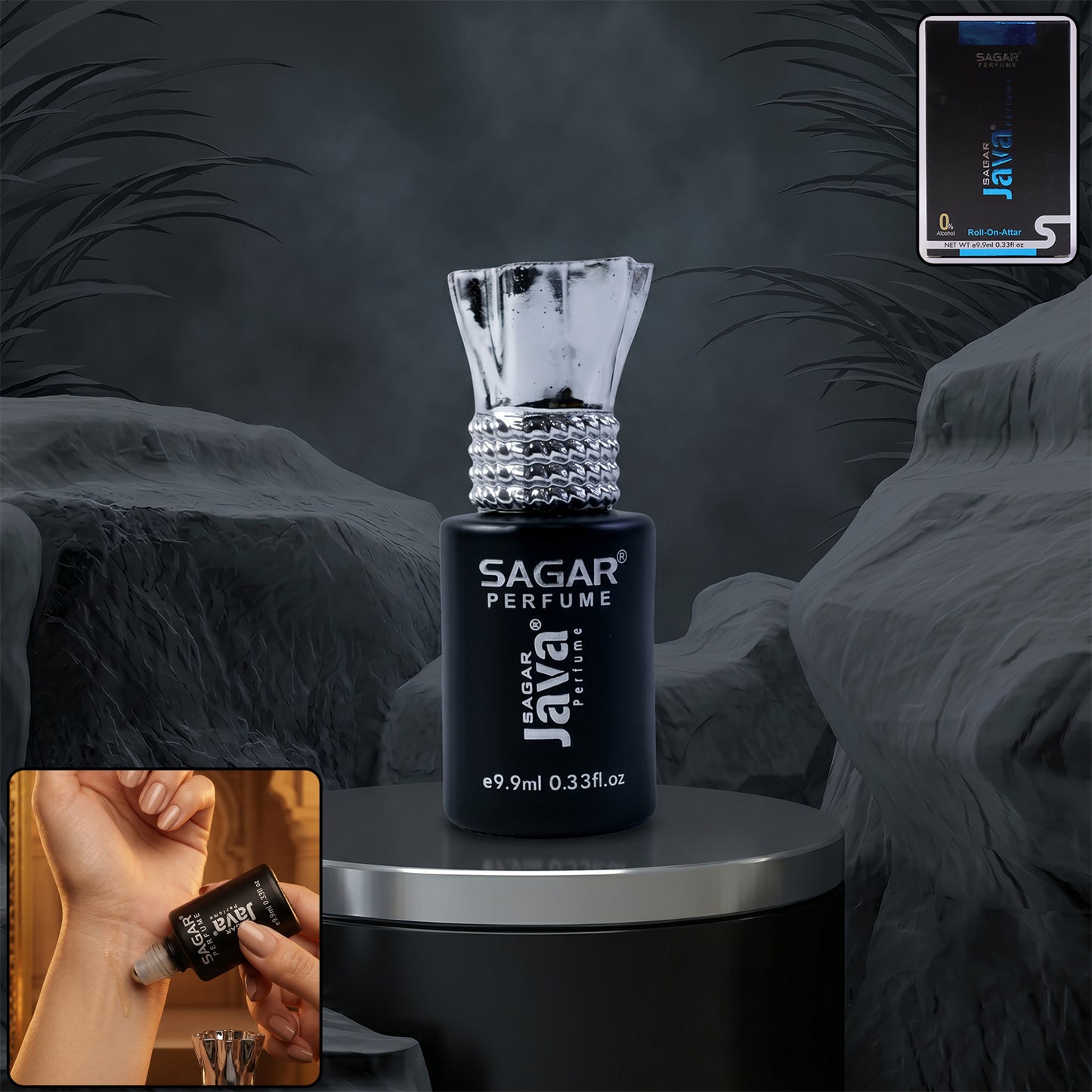 Wukusy Sagar Java Roll-on Attar perfume oil in 9.9 ml bottle, alcohol-free fragrance for men and women, with a sleek roll-on design.