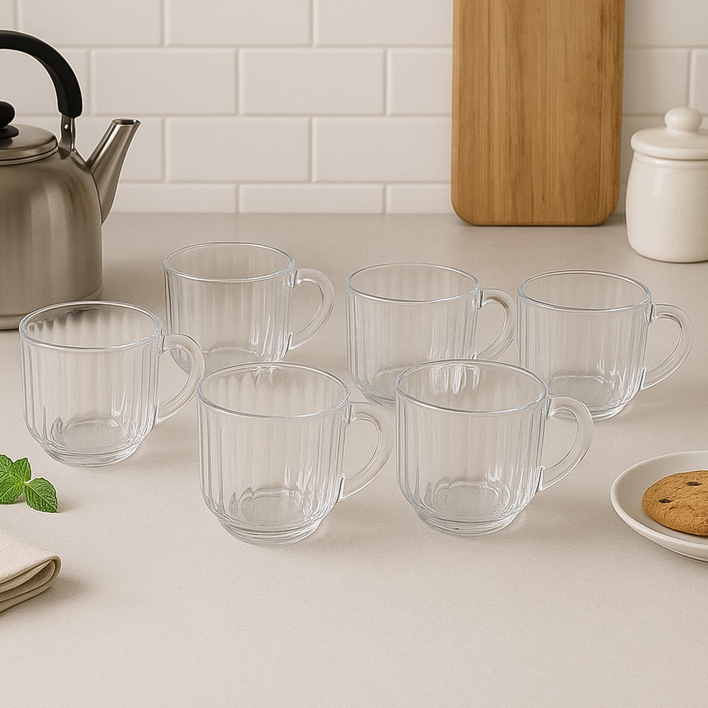 Set of six unbreakable transparent plastic tea cups by Wukusy, showcasing clear, durable cups ideal for hot and cold beverages.