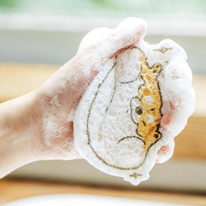 Wukusy 6428a Compressed Wood Pulp Sponge with cartoon design, kitchen cleaning scouring pad, ideal for dishwashing and absorbing spills.