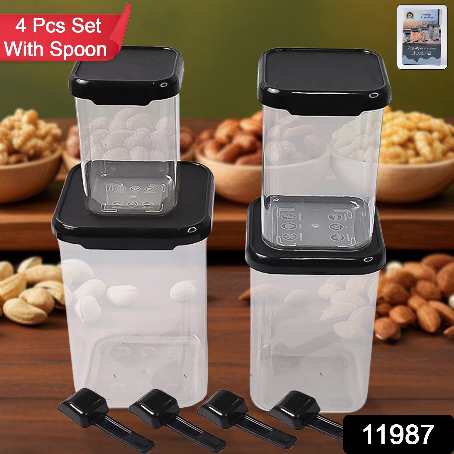 Wukusy 4-piece plastic airtight container set with spoons for food storage, featuring clear lids and secure sealing.