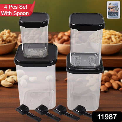 Wukusy 4-piece plastic airtight container set with spoons for food storage, featuring clear lids and secure sealing.