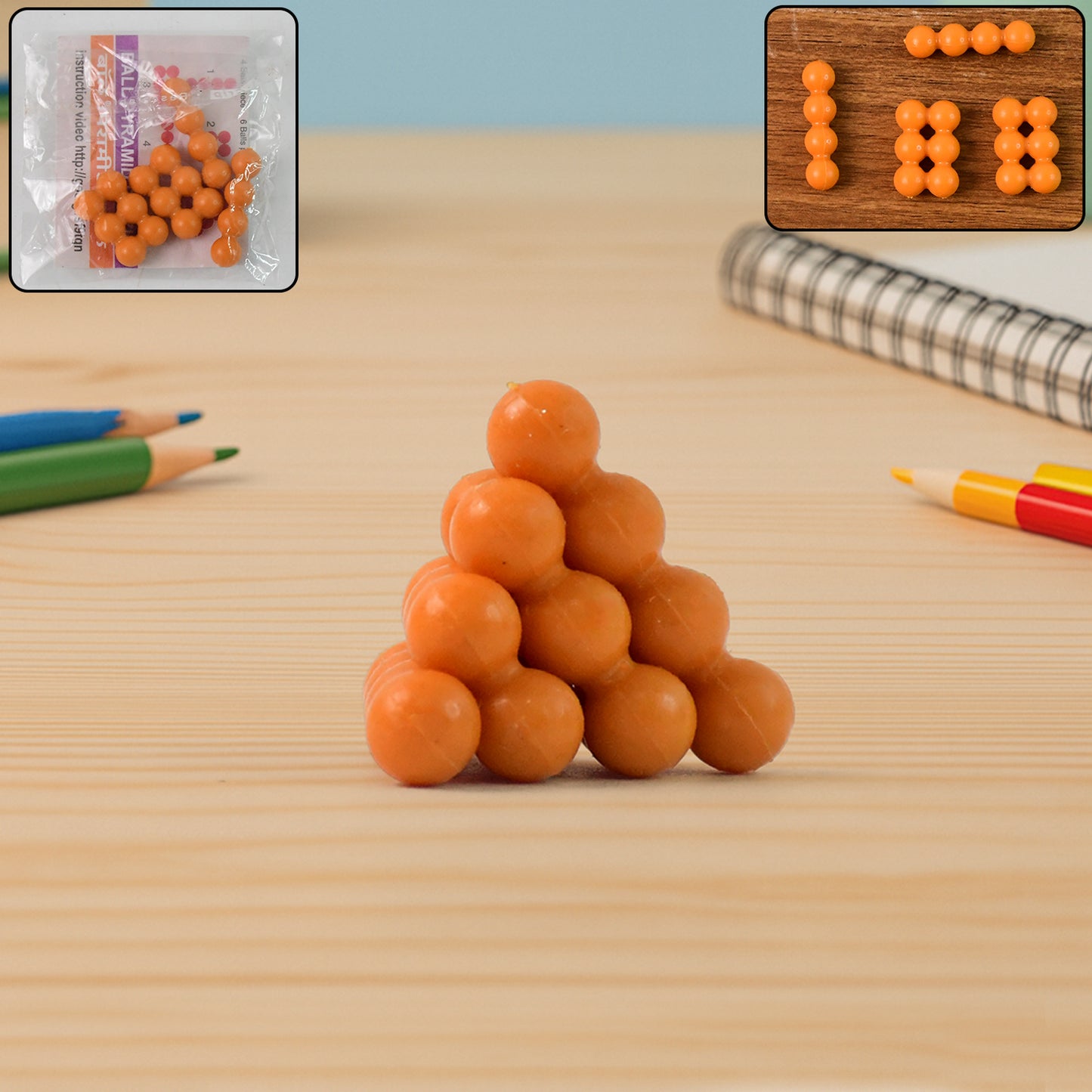 Wukusy 3D ball pyramid puzzle toy, a brain teaser building toy with colorful interconnected balls and pyramid structure for kids and adults.