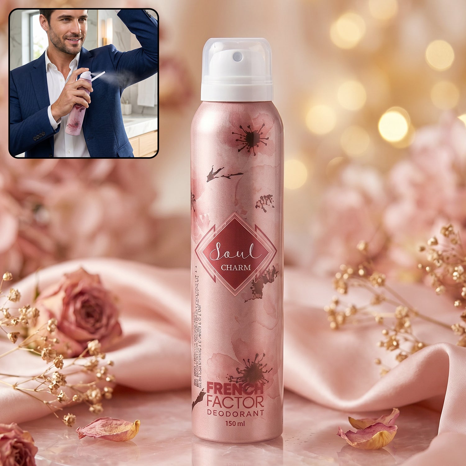 Wukusy French Factor Soul Charm deodorant body spray, 150ml bottle with sleek design and floral accents.