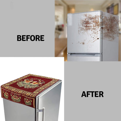 Wukusy 8889 cotton fridge top cover set with peacock design, six utility pockets, dustproof for standard refrigerators, 100x60cm.